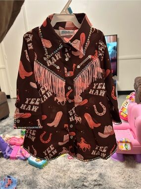 Kids Western Fringe Shirt — Brown & Pink